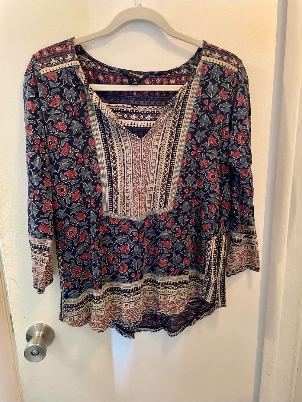 Boho Floral Split-Neck Women's Top in Navy and Red